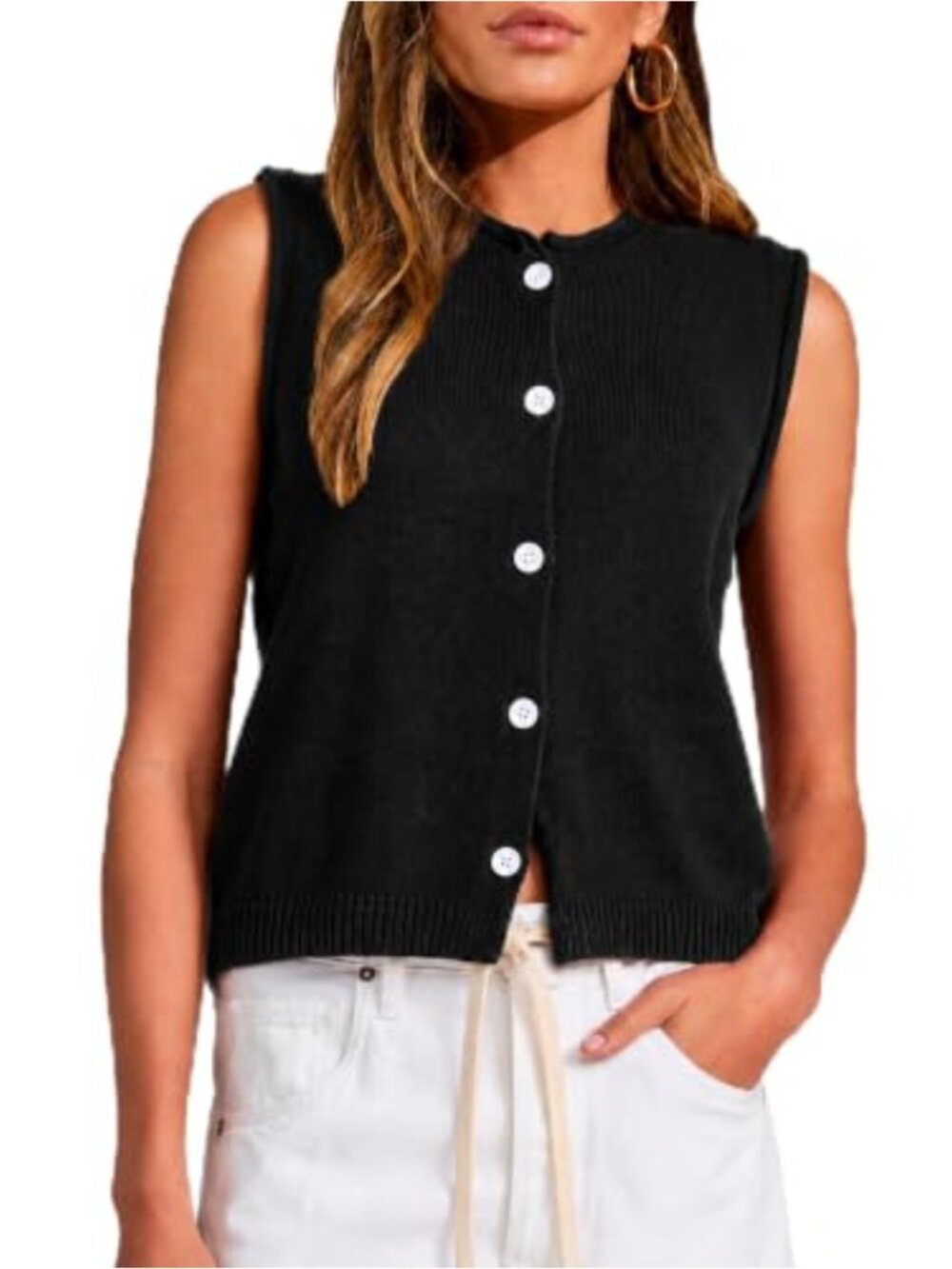 Women's Ribbed Knit Sleeveless Sweater Vest Crew Neck Button Down